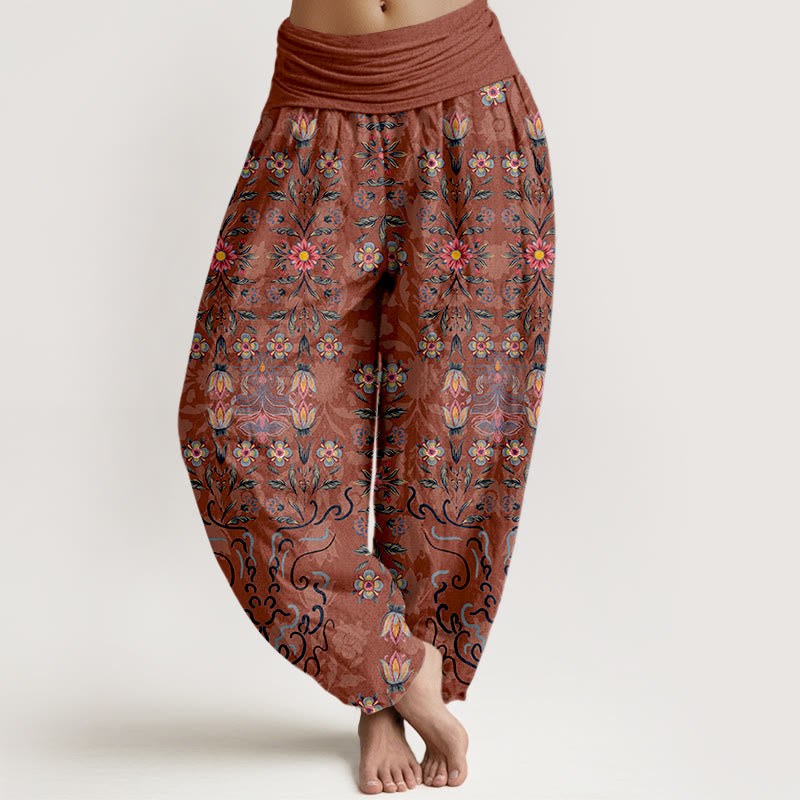 Damskie spodnie haremowe z elastycznej talii z Buddha Stones z czystej bawełny w kolorowe kwiaty - Łosoś - US16, UK/AU20, EU48 (3XL) - image 8