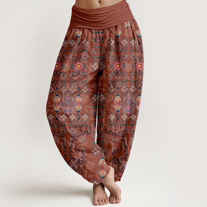Damskie spodnie haremowe z elastycznej talii z Buddha Stones z czystej bawełny w kolorowe kwiaty - Łosoś - US16, UK/AU20, EU48 (3XL) - image 8