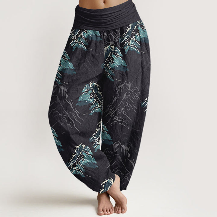 Damskie spodnie haremowe z elastyczną talią i motywem Buddha Stones z czystej bawełny w żywe szmaragdowo-zielone góry - Czarny - US16, UK/AU20, EU48 (3XL) - image 0