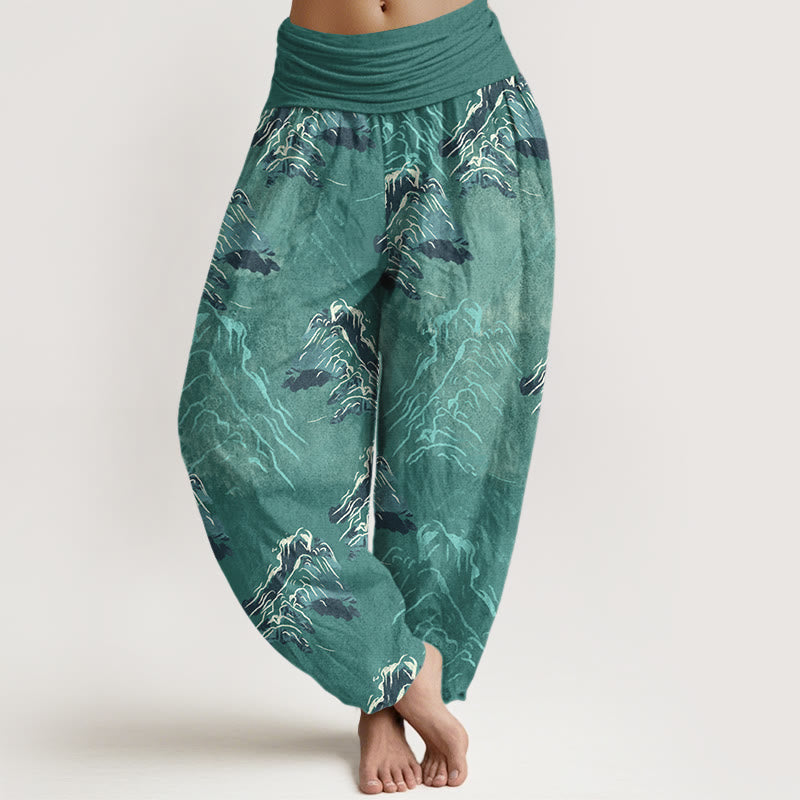 Damskie spodnie haremowe z elastyczną talią i motywem Buddha Stones z czystej bawełny w żywe szmaragdowo-zielone góry - Turkus - US16, UK/AU20, EU48 (3XL) - image 8