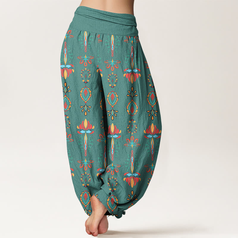 Buddha Stones, czysta bawełna, kolorowe kwiaty lotosu, zielone liście, geometryczne damskie spodnie haremowe z elastyczną talią - image 1