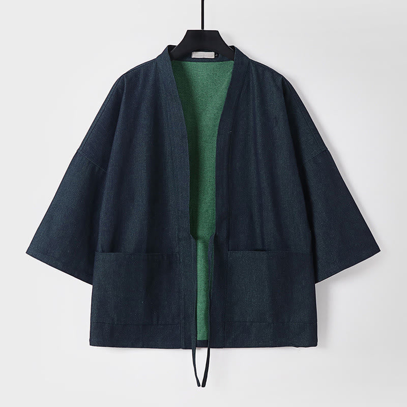 Kurtka męska z denimu i bawełny, kimono, z odsłoniętym przodem i sznurowaniem Buddha Stones, z rękawami trzy czwarte - Czarny - US/UK/AU54， EU64 (9XL) - image 0