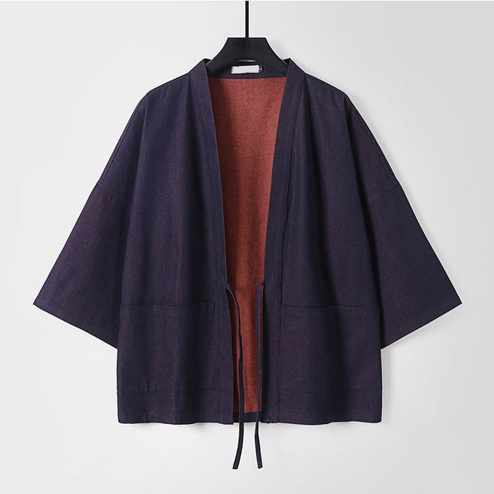 Kurtka męska z denimu i bawełny, kimono, z odsłoniętym przodem i sznurowaniem Buddha Stones, z rękawami trzy czwarte - Stalowoniebieski - US/UK/AU54， EU64 (9XL) - image 1