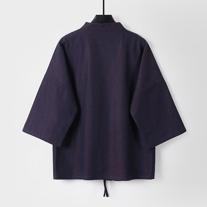 Kurtka męska z denimu i bawełny, kimono, z odsłoniętym przodem i sznurowaniem Buddha Stones, z rękawami trzy czwarte - image 2