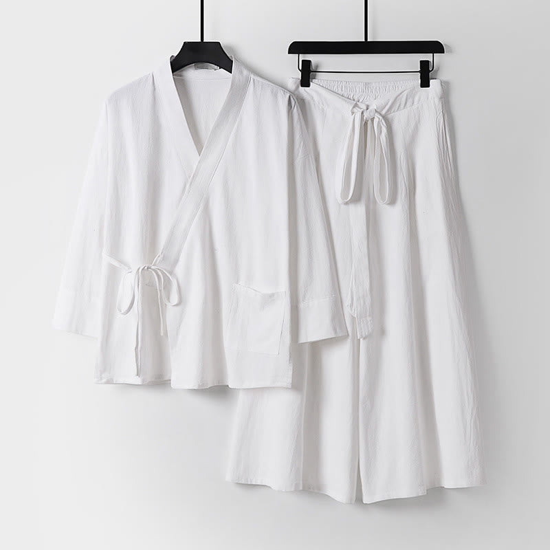 Buddha Stones, 2 sztuki, jesienny, sznurowany, bawełniany kimono, spodnie do kostek z szerokimi nogawkami i kieszeniami, męski zestaw do medytacji - Biały - US/UK/AU54， EU64 (9XL) - image 17