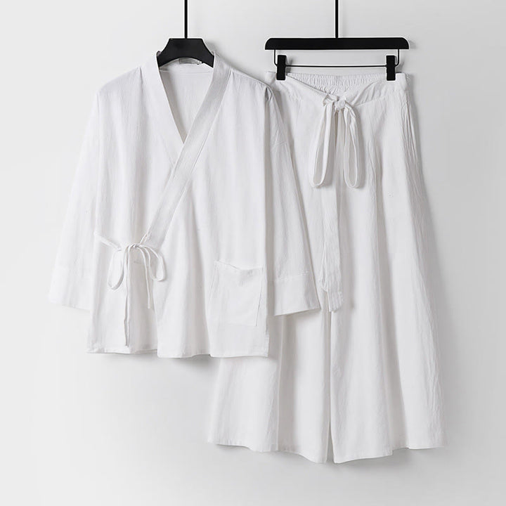 Buddha Stones, 2 sztuki, jesienny, sznurowany, bawełniany kimono, spodnie do kostek z szerokimi nogawkami i kieszeniami, męski zestaw do medytacji - Biały - US/UK/AU54， EU64 (9XL) - image 17