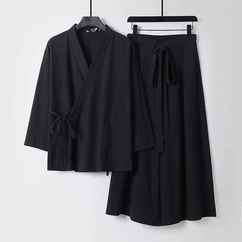 Buddha Stones, 2 sztuki, jesienny, sznurowany, bawełniany kimono, spodnie do kostek z szerokimi nogawkami i kieszeniami, męski zestaw do medytacji - Czarny - US/UK/AU54， EU64 (9XL) - image 4