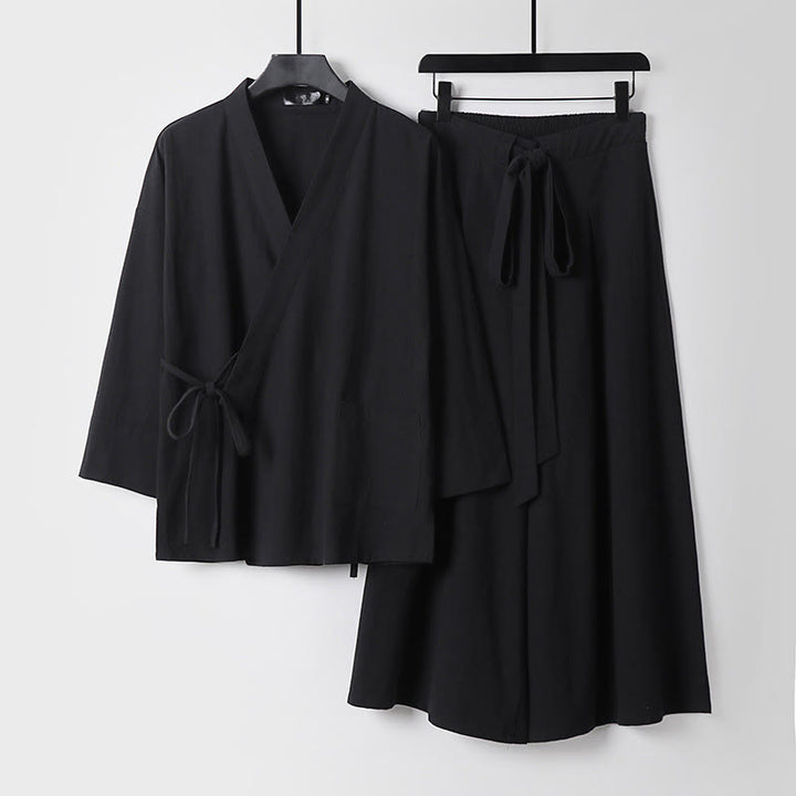 Buddha Stones, 2 sztuki, jesienny, sznurowany, bawełniany kimono, spodnie do kostek z szerokimi nogawkami i kieszeniami, męski zestaw do medytacji - Czarny - US/UK/AU54， EU64 (9XL) - image 4