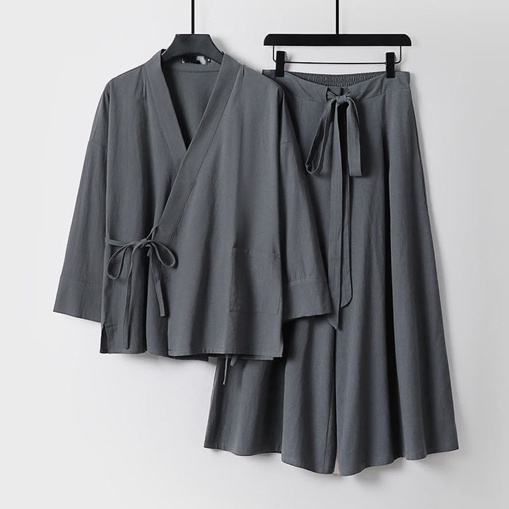 Buddha Stones, 2 sztuki, jesienny, sznurowany, bawełniany kimono, spodnie do kostek z szerokimi nogawkami i kieszeniami, męski zestaw do medytacji - Szary - US/UK/AU54， EU64 (9XL) - image 0