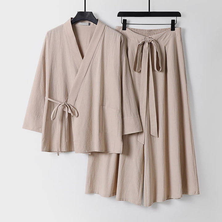 Buddha Stones, 2 sztuki, jesienny, sznurowany, bawełniany kimono, spodnie do kostek z szerokimi nogawkami i kieszeniami, męski zestaw do medytacji - Beżowy - US/UK/AU54， EU64 (9XL) - image 12