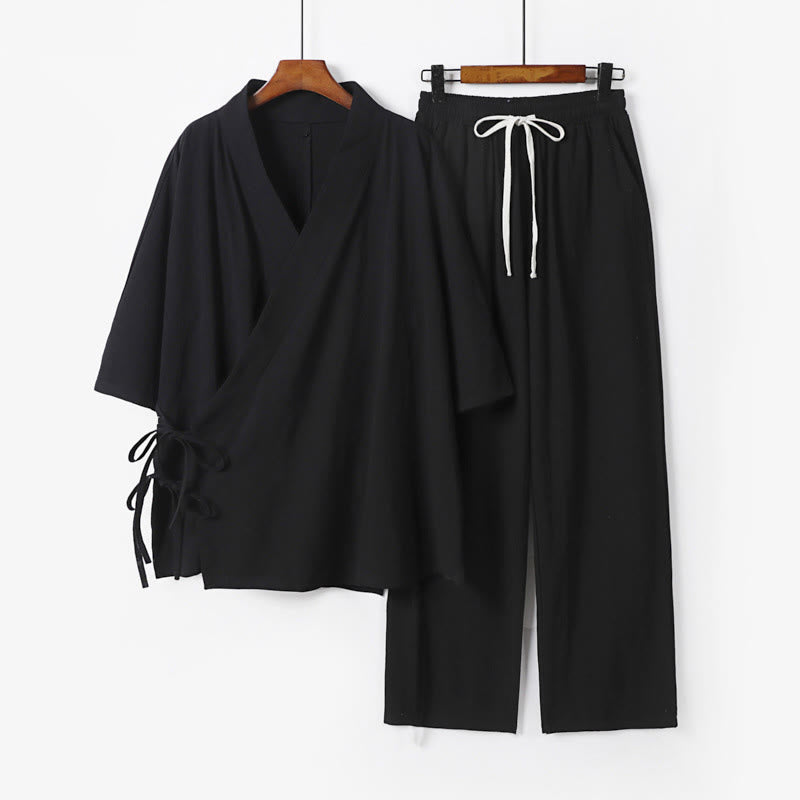 Buddha Stones, 2 szt., jesienny, sznurowany, bawełniany kimono, spodnie ściągane sznurkiem i kieszeniami, męski zestaw do medytacji - Czarny - US/UK/AU54， EU64 (9XL) - image 4