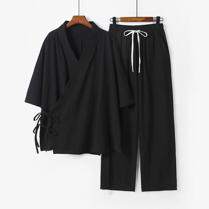 Buddha Stones, 2 szt., jesienny, sznurowany, bawełniany kimono, spodnie ściągane sznurkiem i kieszeniami, męski zestaw do medytacji - Czarny - US/UK/AU54， EU64 (9XL) - image 4