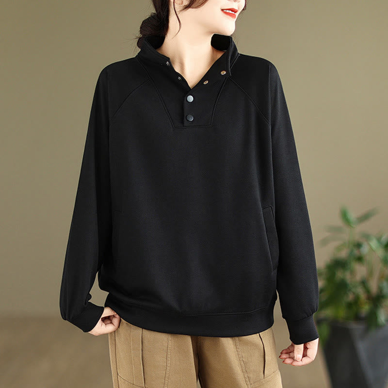 Bluza damska z długim rękawem z bawełny z motywem Buddha Stones, kołnierzykiem ze stójką i guzikami - Czarny - US8-10，UK/AU12-14，EU40-42 (2XL) - image 0