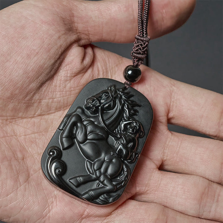 Buddha Stones Rok Konia Wzór Małpy Om Mani Padme Hum Czarny Obsydian Naszyjnik Siła Wisiorek - image 12