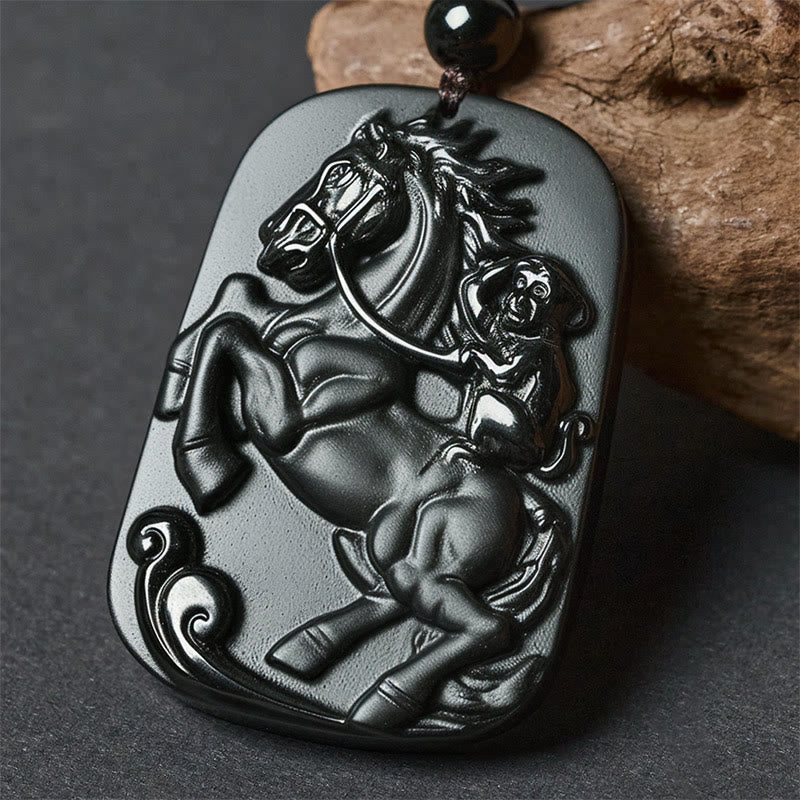 Buddha Stones Rok Konia Wzór Małpy Om Mani Padme Hum Czarny Obsydian Naszyjnik Siła Wisiorek - Koń i Małpa - image 10
