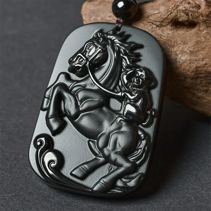 Buddha Stones Rok Konia Wzór Małpy Om Mani Padme Hum Czarny Obsydian Naszyjnik Siła Wisiorek - Koń i Małpa - image 10