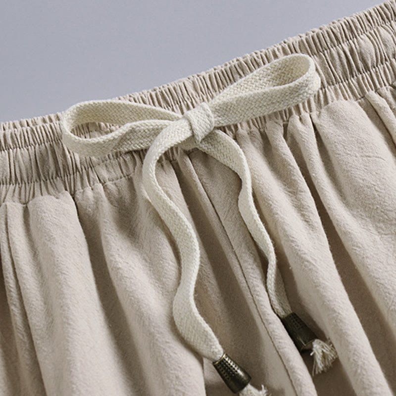 Męskie spodnie lniane z bawełny i kieszeniami, proste, ściągane sznurkiem, do kostek, z motywem Buddha Stones - image 6