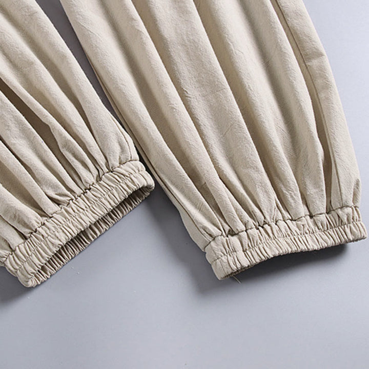 Męskie spodnie lniane z bawełny i kieszeniami, proste, ściągane sznurkiem, do kostek, z motywem Buddha Stones - image 8