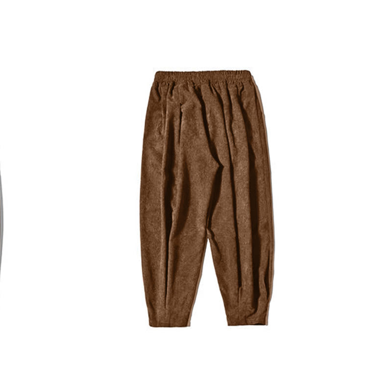 Męskie spodnie haremowe z prostym wzorem i podszewką z polaru Buddha Stones Retro z materiału sztruksowego i kieszeniami - image 11