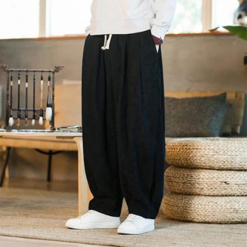 Męskie spodnie haremowe z prostym wzorem i podszewką z polaru Buddha Stones Retro z materiału sztruksowego i kieszeniami - Czarny (wersja standardowa) - US/UK/AU46， EU56 (5XL) - image 36