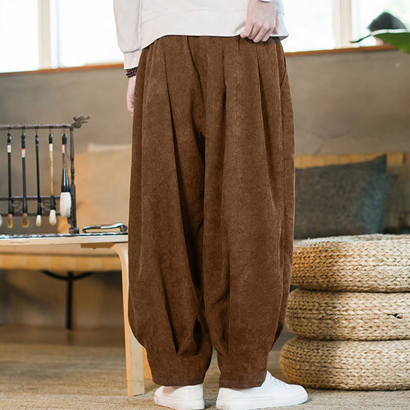 Męskie spodnie haremowe z prostym wzorem i podszewką z polaru Buddha Stones Retro z materiału sztruksowego i kieszeniami - image 7