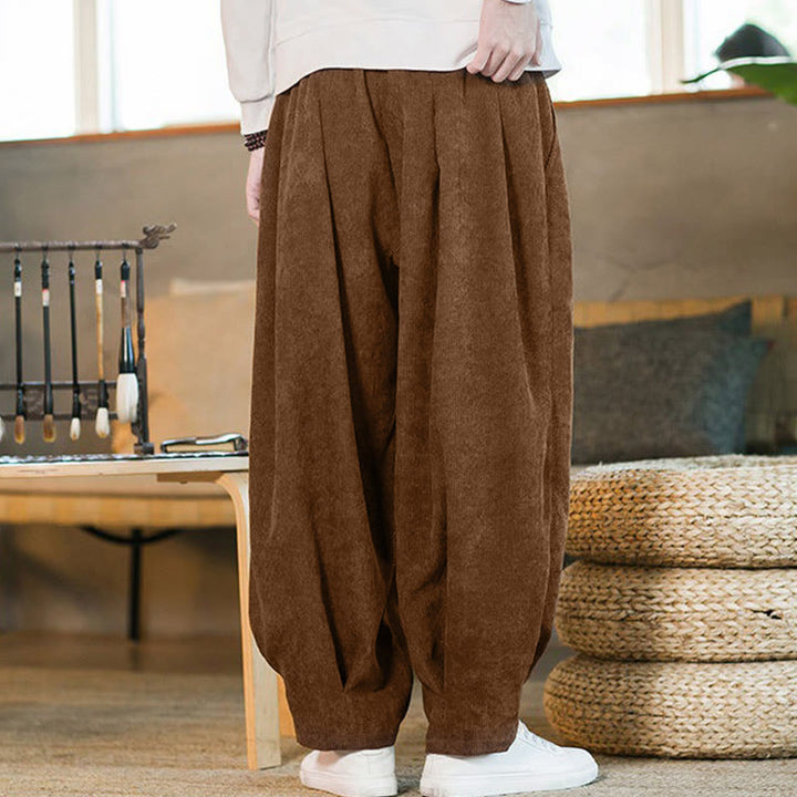 Męskie spodnie haremowe z prostym wzorem i podszewką z polaru Buddha Stones Retro z materiału sztruksowego i kieszeniami - image 7