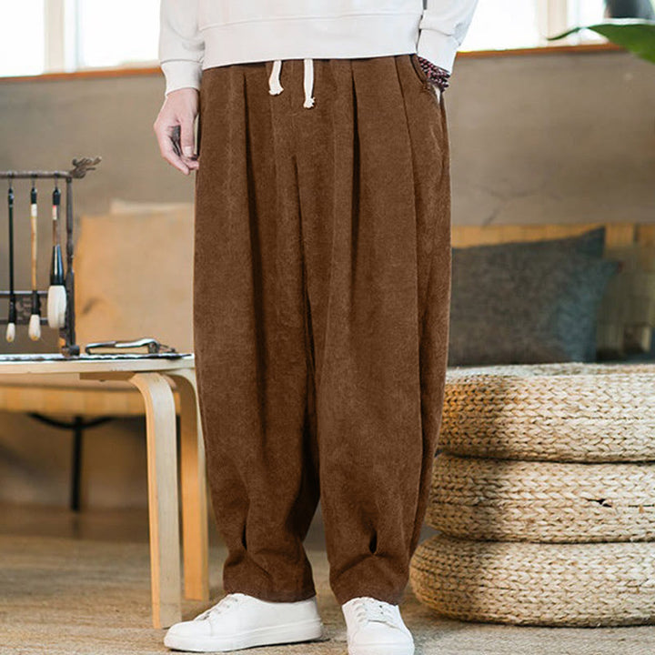 Męskie spodnie haremowe z prostym wzorem i podszewką z polaru Buddha Stones Retro z materiału sztruksowego i kieszeniami - image 6