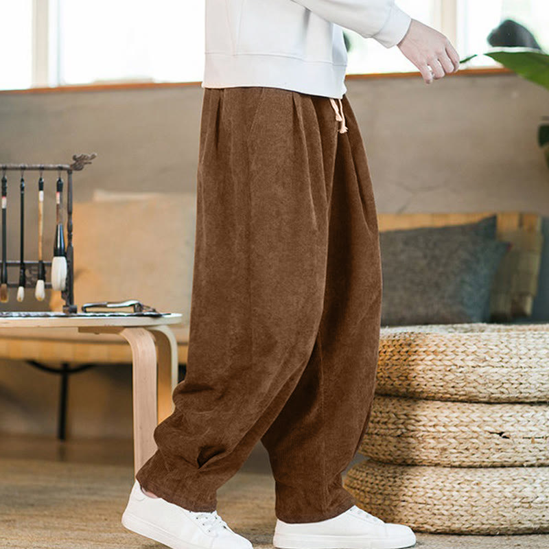 Męskie spodnie haremowe z prostym wzorem i podszewką z polaru Buddha Stones Retro z materiału sztruksowego i kieszeniami - DarkGoldenrod (wersja standardowa) - US/UK/AU46， EU56 (5XL) - image 1