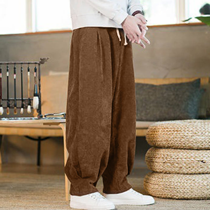 Męskie spodnie haremowe z prostym wzorem i podszewką z polaru Buddha Stones Retro z materiału sztruksowego i kieszeniami - image 8