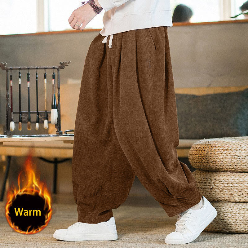 Męskie spodnie haremowe z prostym wzorem i podszewką z polaru Buddha Stones Retro z materiału sztruksowego i kieszeniami - DarkGoldenrod (podszyty polarem) - US/UK/AU46， EU56 (5XL) - image 0