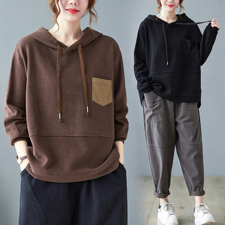 Bluza damska z kapturem z długim rękawem i kieszeniami w jednolitym kolorze z Buddha Stones - image 6