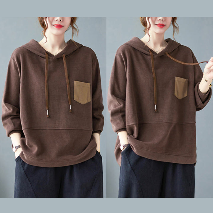 Bluza damska z kapturem z długim rękawem i kieszeniami w jednolitym kolorze z Buddha Stones - image 5