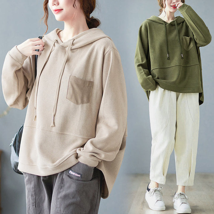 Bluza damska z kapturem z długim rękawem i kieszeniami w jednolitym kolorze z Buddha Stones - image 39