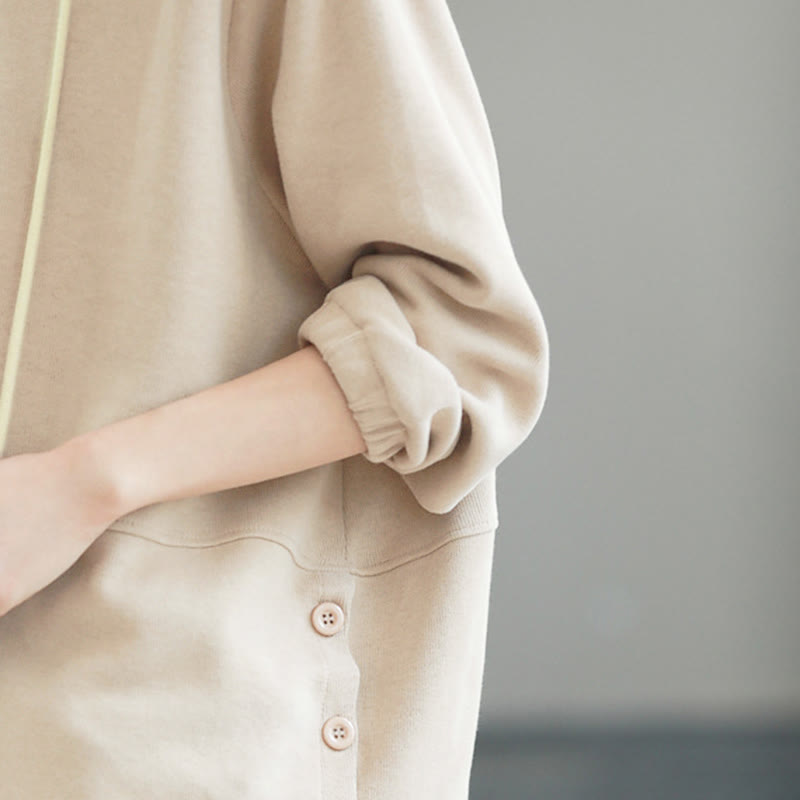 Bluza z kapturem damska z długim rękawem i bawełnianym nadrukiem "Buddha Stones Fall" w jednolitym kolorze i z bocznymi guzikami - image 8