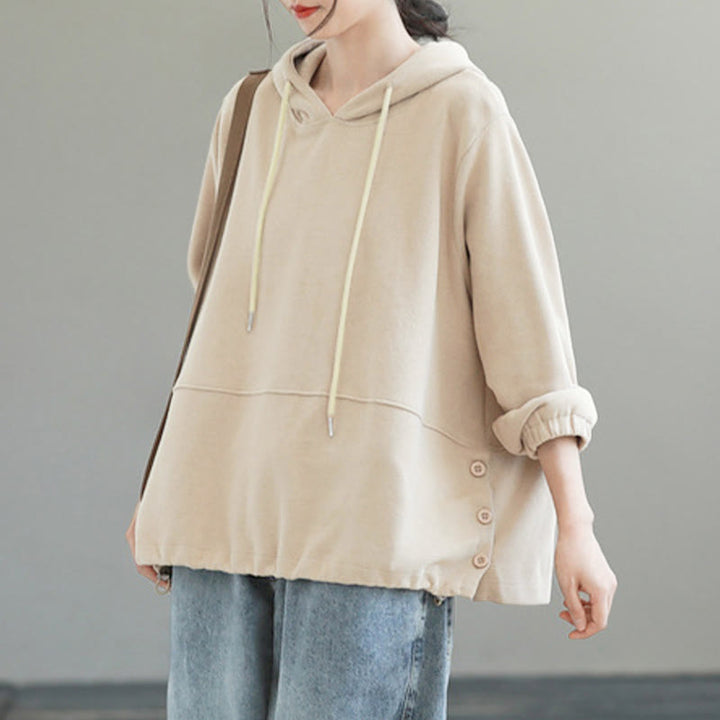 Bluza z kapturem damska z długim rękawem i bawełnianym nadrukiem "Buddha Stones Fall" w jednolitym kolorze i z bocznymi guzikami - image 1