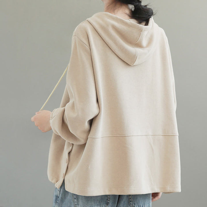 Bluza z kapturem damska z długim rękawem i bawełnianym nadrukiem "Buddha Stones Fall" w jednolitym kolorze i z bocznymi guzikami - image 4