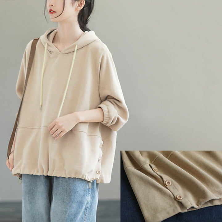 Bluza z kapturem damska z długim rękawem i bawełnianym nadrukiem "Buddha Stones Fall" w jednolitym kolorze i z bocznymi guzikami - image 6