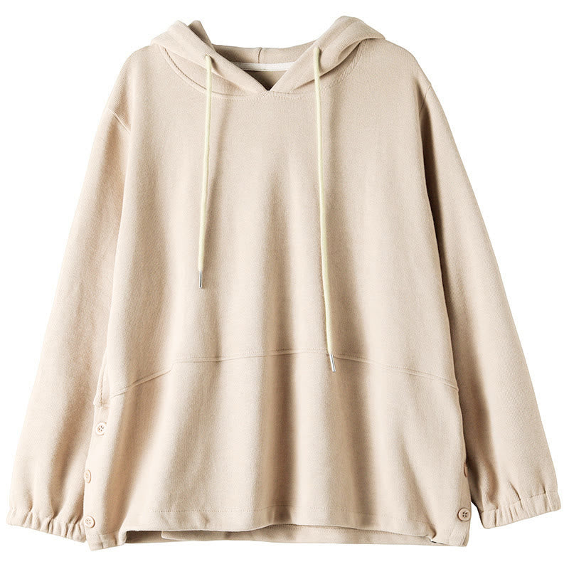 Bluza z kapturem damska z długim rękawem i bawełnianym nadrukiem "Buddha Stones Fall" w jednolitym kolorze i z bocznymi guzikami - image 9