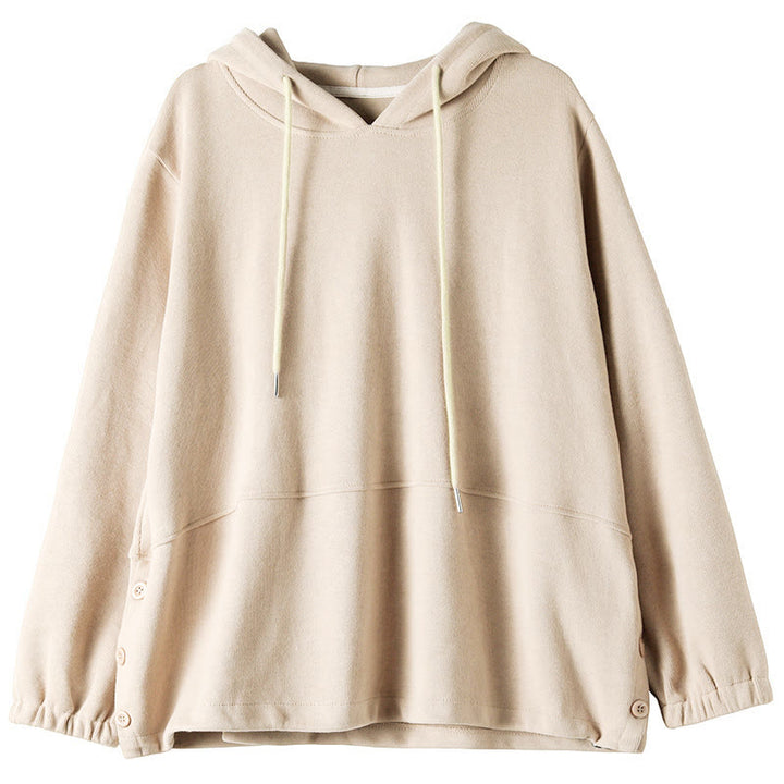 Bluza z kapturem damska z długim rękawem i bawełnianym nadrukiem "Buddha Stones Fall" w jednolitym kolorze i z bocznymi guzikami - image 9