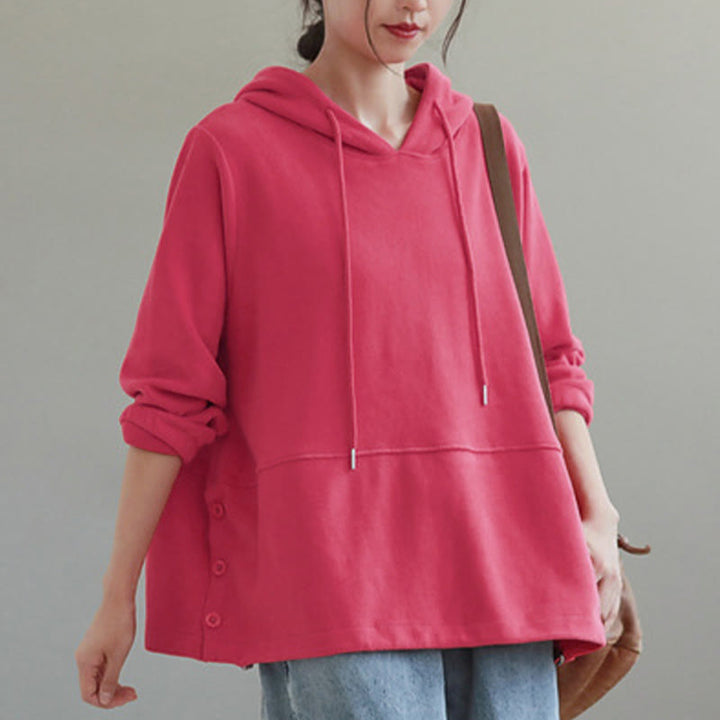 Bluza z kapturem damska z długim rękawem i bawełnianym nadrukiem "Buddha Stones Fall" w jednolitym kolorze i z bocznymi guzikami - image 12