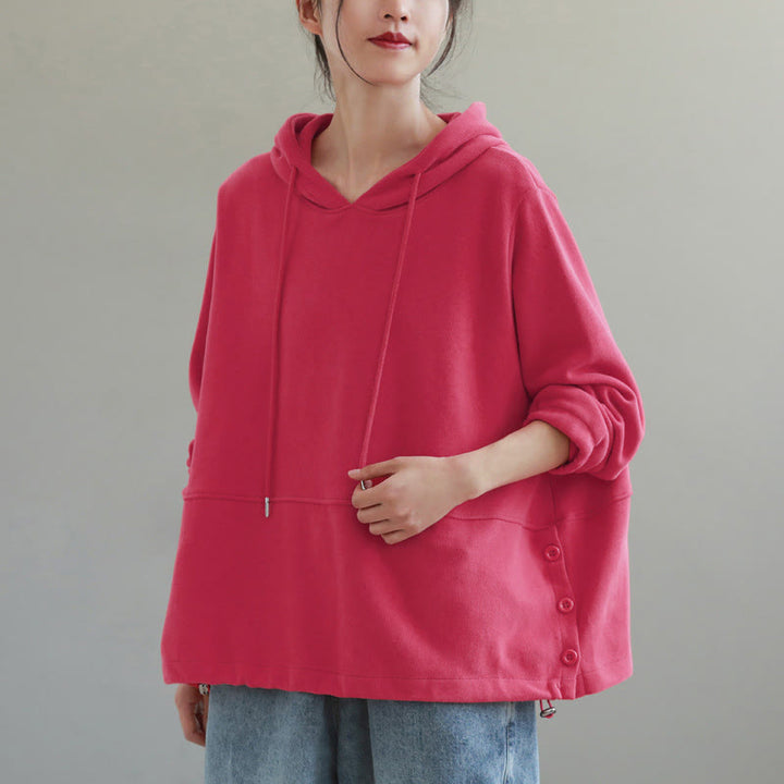 Bluza z kapturem damska z długim rękawem i bawełnianym nadrukiem "Buddha Stones Fall" w jednolitym kolorze i z bocznymi guzikami - image 15