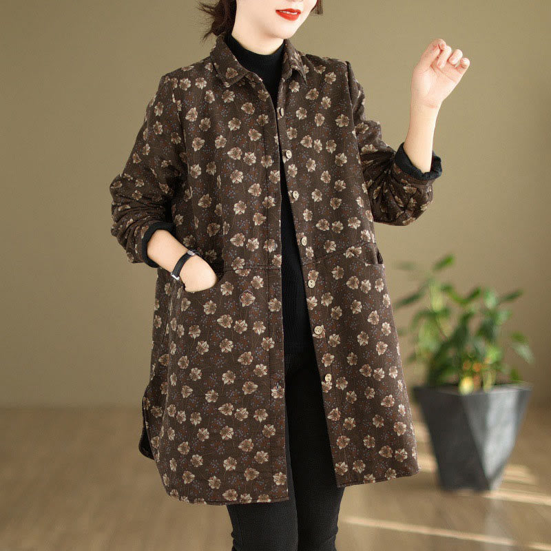 Buddha Stones Jesień Zima Guziki Kwiatowe Wzory Kurtka Damska Bawełniana Długi Rękaw Z Kieszeniami - SaddleBrown - US12, UK/AU16, EU44 (3XL) - image 0
