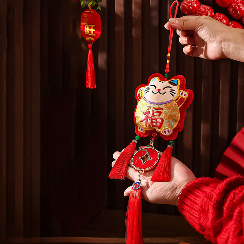 Haft Buddha Stones Rok Konia Fu Postać Miedziana Moneta Kształt Czerwony Sznurek Dekoracja Wisząca - Postać Cat Fu (11*48 cm) - image 11