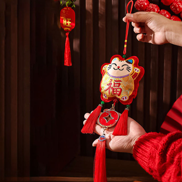 Haft Buddha Stones Rok Konia Fu Postać Miedziana Moneta Kształt Czerwony Sznurek Dekoracja Wisząca - Postać Cat Fu (11*48 cm) - image 11