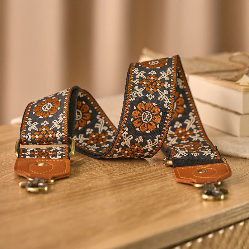 Buddha Stones Brązowe Kwiaty Żakardowe Regulowane Torebki na Ramię z Paskiem - Brązowy - 80-140 cm*5 cm - image 0