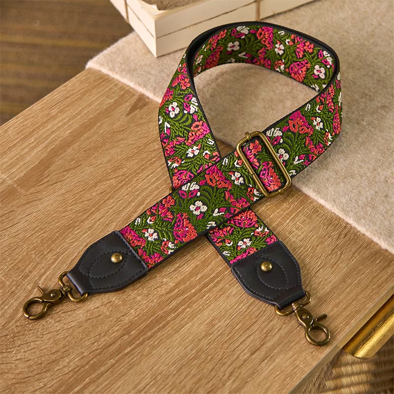 Buddha Stones, Czeska Róża, Czerwony Kwiat, Zielone Liście, Haft, Regulowane Torebki, Torebka na Ramię, Torebka na Ramię, Paski Wymienne - Zielony Czarny - 85-135 cm*5 cm - image 0