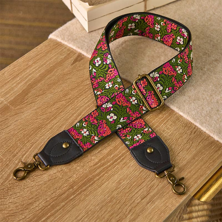 Buddha Stones, Czeska Róża, Czerwony Kwiat, Zielone Liście, Haft, Regulowane Torebki, Torebka na Ramię, Torebka na Ramię, Paski Wymienne - Zielony Czarny - 85-135 cm*5 cm - image 0