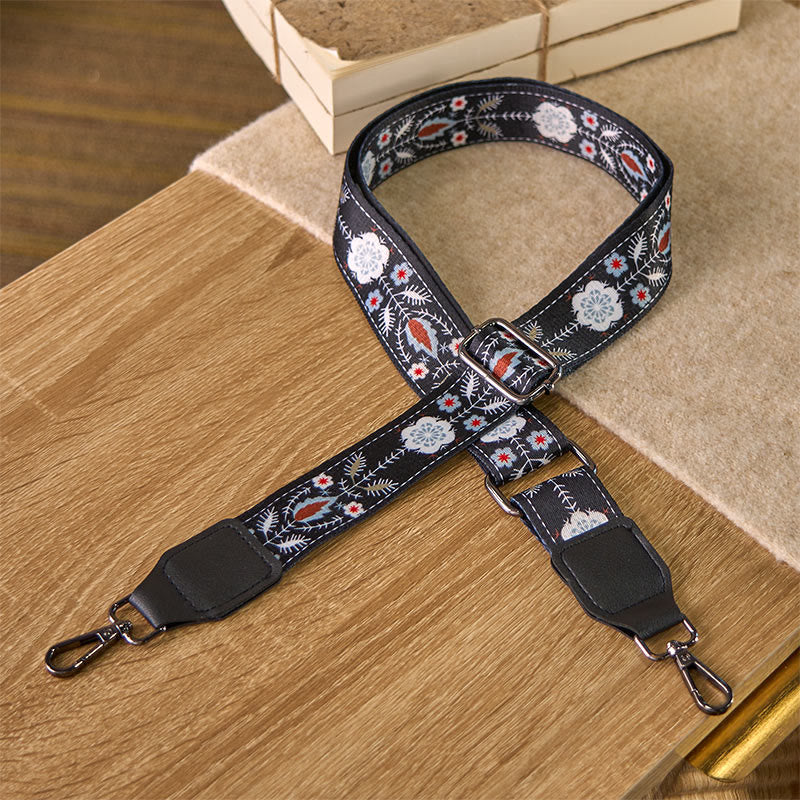 Buddha Stones Boho Czarne Kwiaty Geometryczne Regulowane Torebki na Ramię Crossbody Paski Wymienne - Czarny Kwiat - 75-145 cm*3,8 cm - image 0