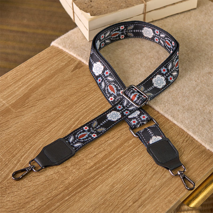 Buddha Stones Boho Czarne Kwiaty Geometryczne Regulowane Torebki na Ramię Crossbody Paski Wymienne - Czarny Kwiat - 75-145 cm*3,8 cm - image 0