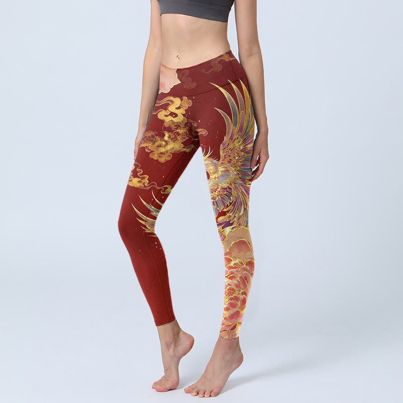 Legginsy do jogi damskie z nadrukiem w kwiaty Phoenix Peony Clouds i Buddha Stones - Cegła ogniotrwała - US18, UK/AU22, EU50 (4XL) - image 0